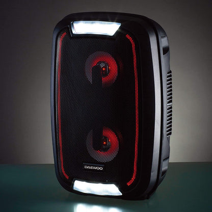 Daewoo LED Bluetooth Party Speaker 20W LED Changing Lights Sound Quality and 33 Feet Range, FM Radio Capabilities Black