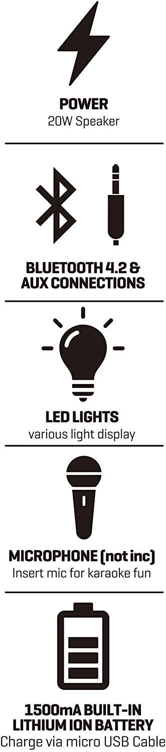 Daewoo LED Bluetooth Party Speaker 20W LED Changing Lights Sound Quality and 33 Feet Range, FM Radio Capabilities Black