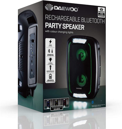 Daewoo LED Bluetooth Party Speaker 20W LED Changing Lights Sound Quality and 33 Feet Range, FM Radio Capabilities Black