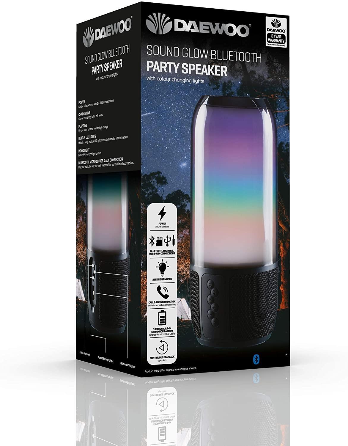 Daewoo Soundglow Bluetooth Speaker Multi-Coloured LED Bluetooth Aux 1800mA Battery 6W Power Audio Output