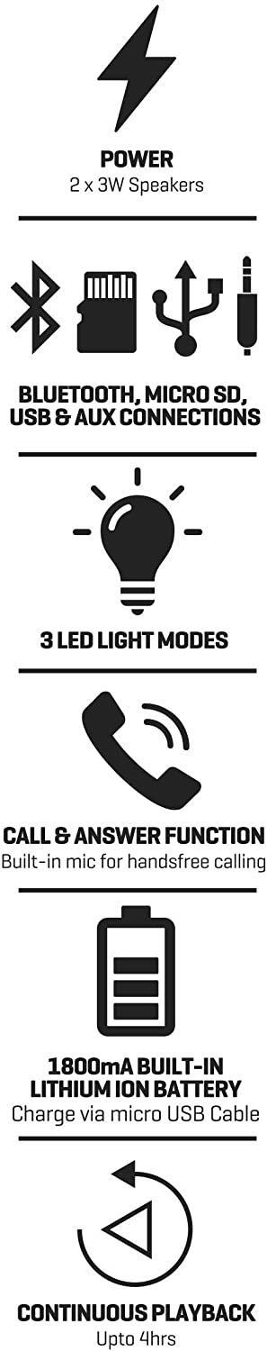 Daewoo Soundglow Bluetooth Speaker Multi-Coloured LED Bluetooth Aux 1800mA Battery 6W Power Audio Output