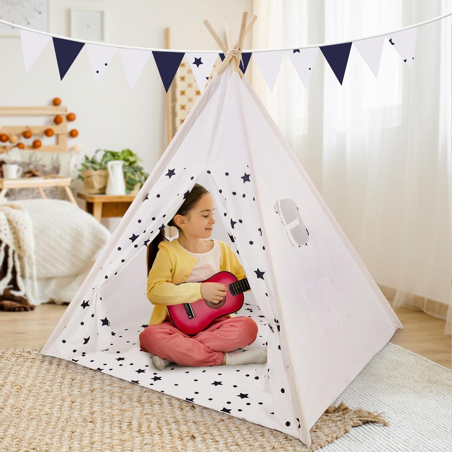 SOKA White Teepee Tent for Kids Foldable Cotton Canvas Indoor Outdoor Playhouse