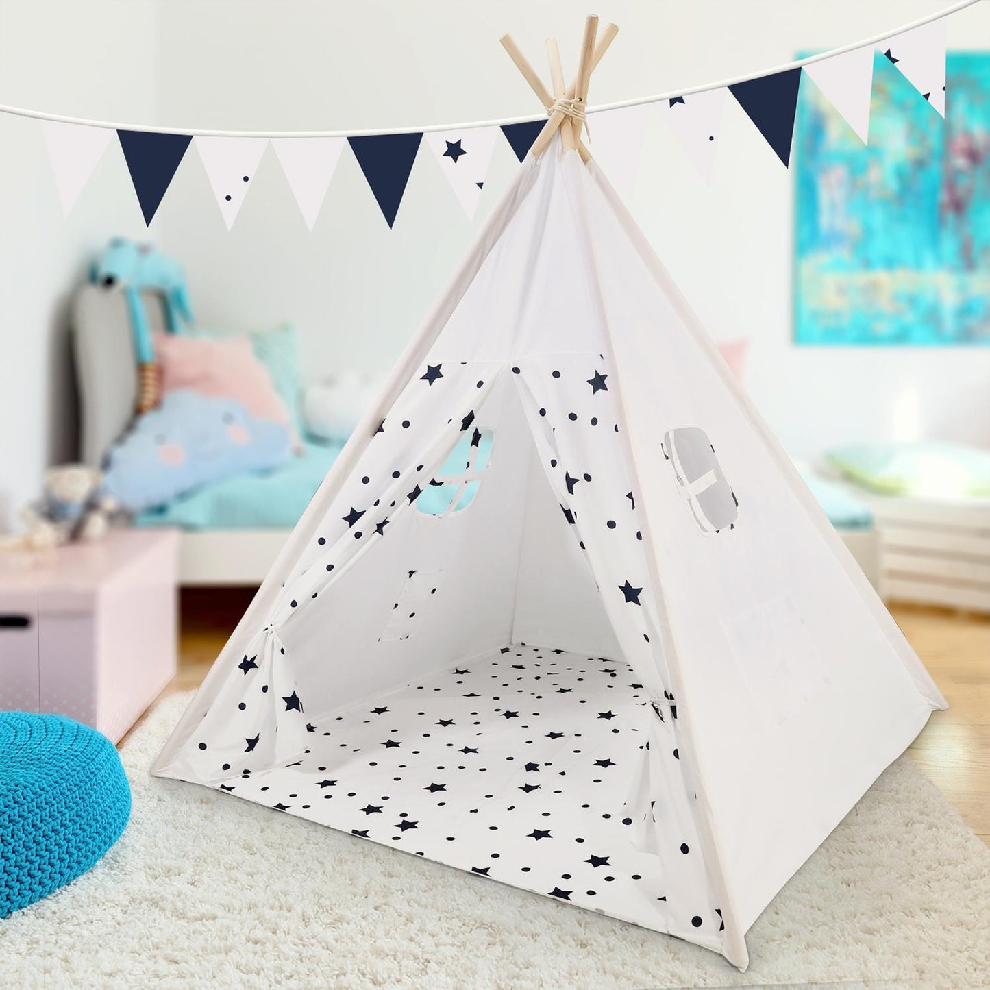 SOKA White Teepee Tent for Kids Foldable Cotton Canvas Indoor Outdoor Playhouse