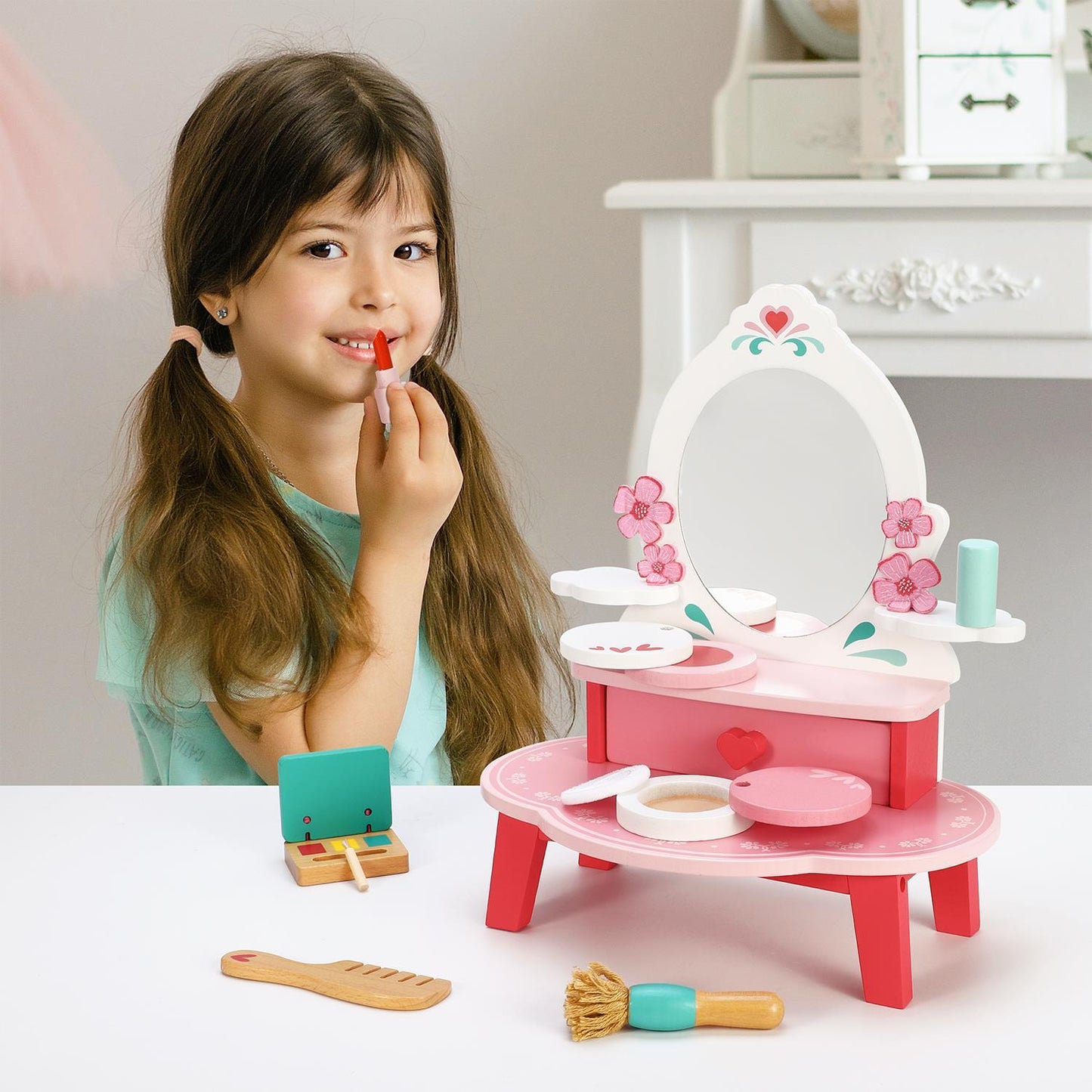 SOKA Wooden Dressing Table Top Vanity Mirror Pretend Play Make Up Kit 3+