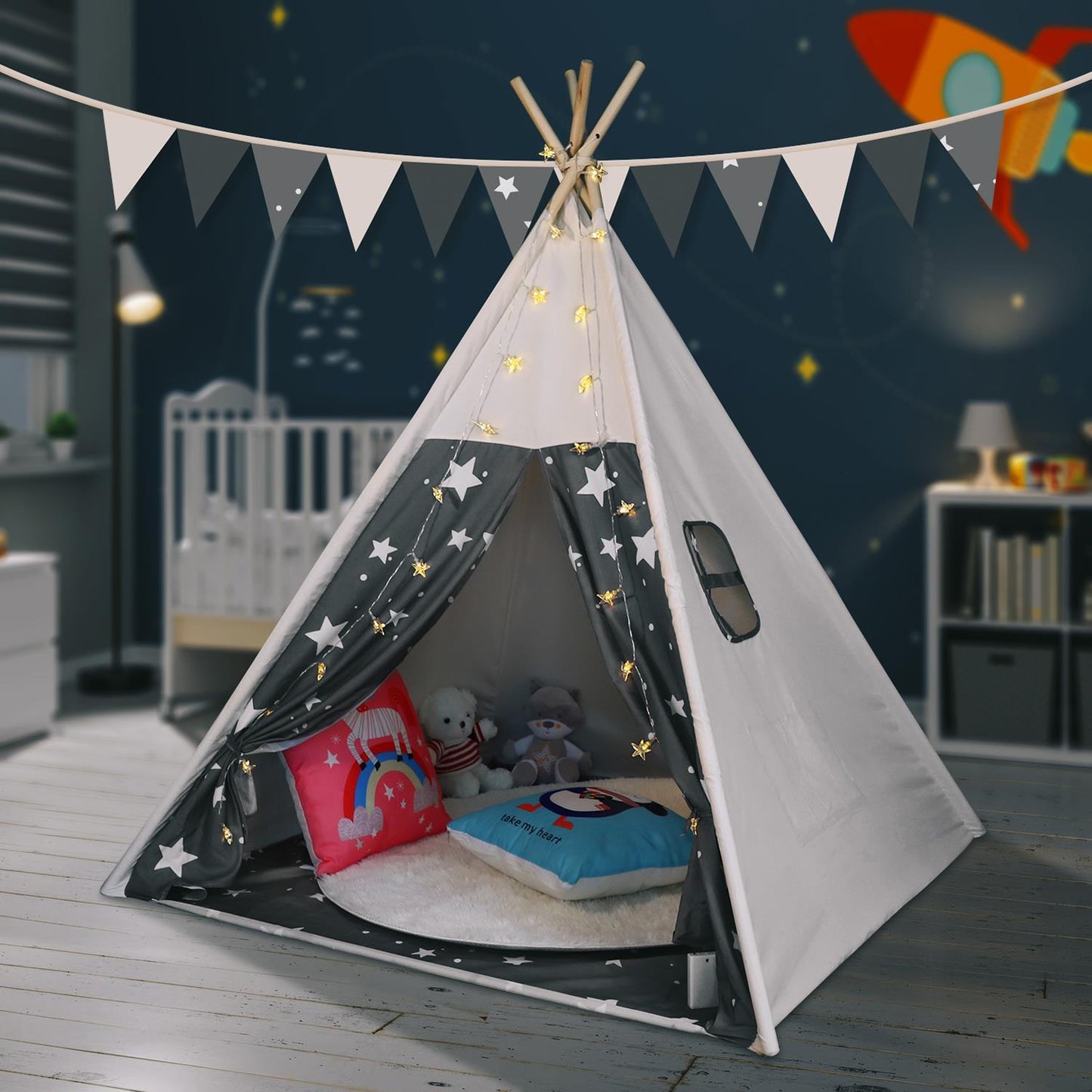 SOKA Grey Teepee Tent for Kids Foldable Cotton Canvas Indoor Outdoor Playhouse