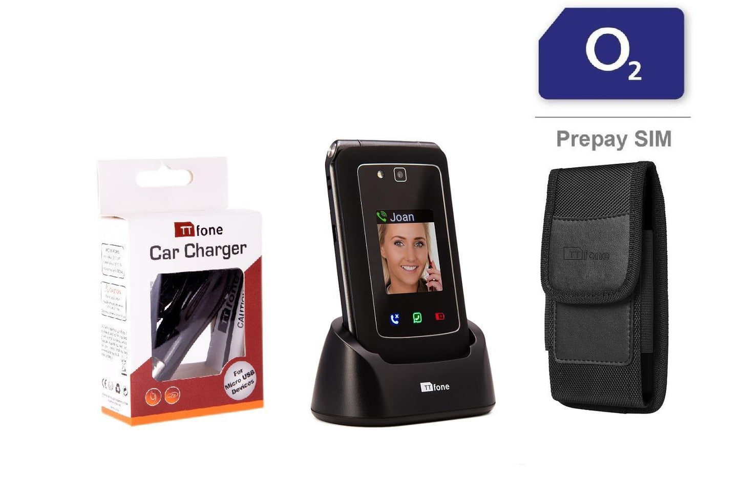 TT950 3G Flip Android Simple Whatsapp Mobile Phone & In Car Charger, Dock Charger, CX9 Holster Case & O2 Sim Card