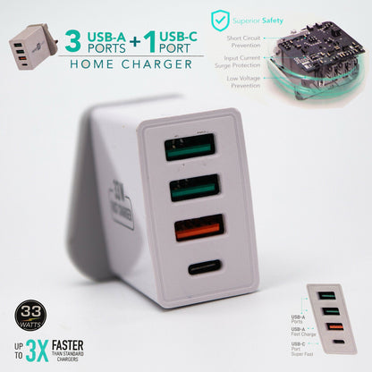 4 Multi-Port Fast PD Quick Charge QC 3.0 USB Type C Hub Wall Charger Adapter 33W