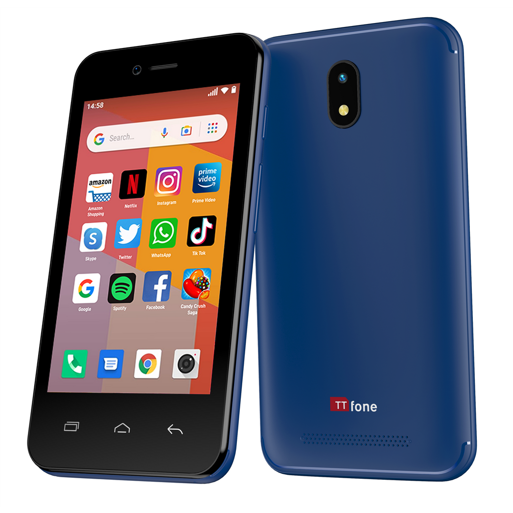 TTfone TT20 BLUE Smart 3G Mobile Phone with Android GO - 8GB - Dual Sim - 4Inch Touch Screen with Vodafone Sim Card
