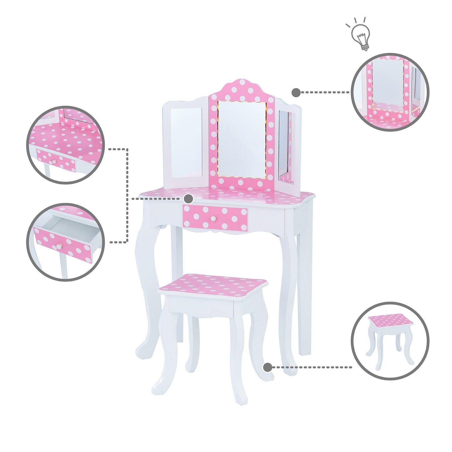 Fantasy Fields Dressing Table Vanity Set Mirror W/ LED Lights & Stool TD-11670FL