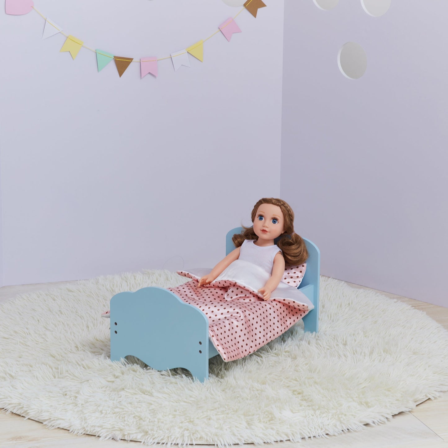 Olivia's Little World Doll Single Bed Blue & Bedding Set Polka Dots TD-11929-1K