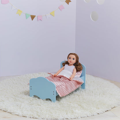 Olivia's Little World Doll Single Bed Blue & Bedding Set Polka Dots TD-11929-1K