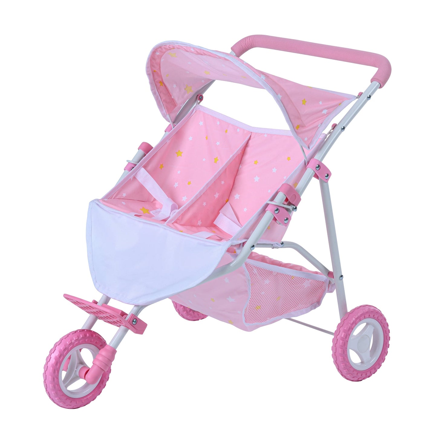Olivia's Little World Double Twin Baby Doll Pram Stroller Pink Stars OL-00012
