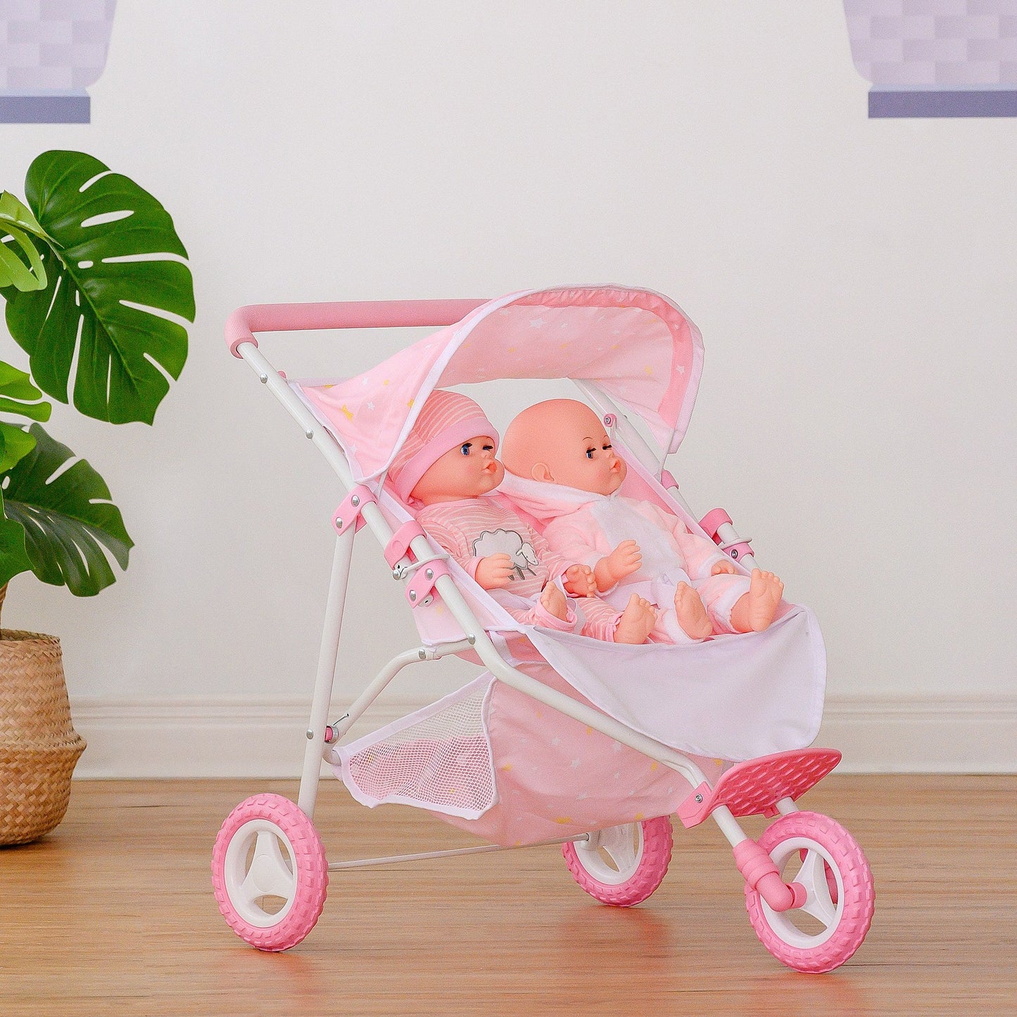Olivia's Little World Double Twin Baby Doll Pram Stroller Pink Stars OL-00012