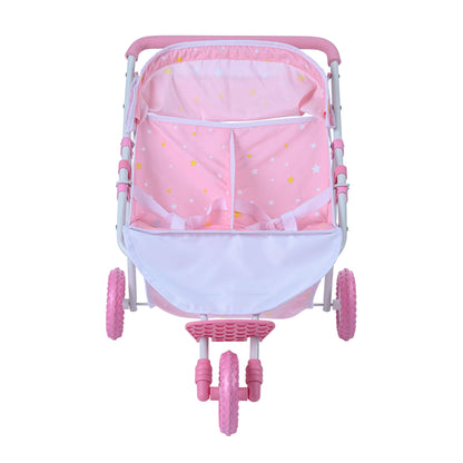 Olivia's Little World Double Twin Baby Doll Pram Stroller Pink Stars OL-00012