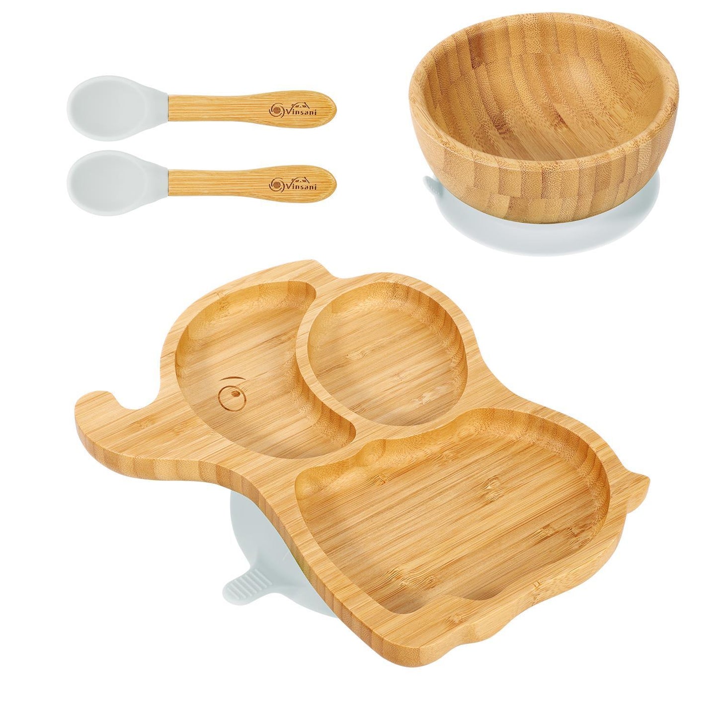 Bamboo Elephant Plate Bowl & Spoon Set Suction Stay-Put Design (Grey)