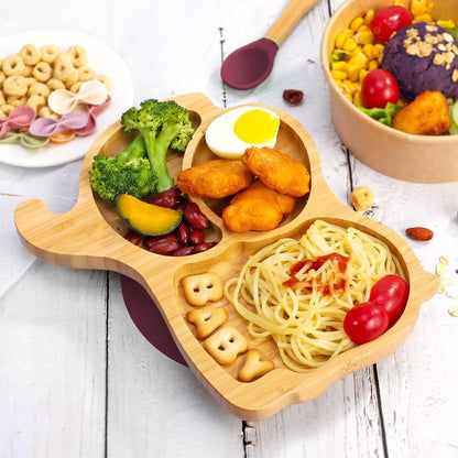 Bamboo Elephant Plate Bowl & Spoon Set Suction Stay-Put Design (Red)