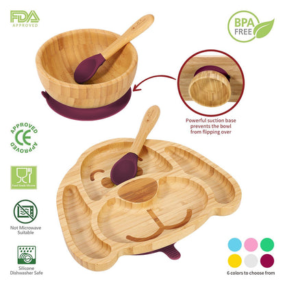 Bamboo Dog Plate Bowl & Spoon Set Suction Bowl Stay-Put Design - RED