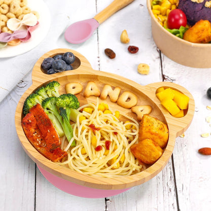 Bamboo Panda Plate Bowl & Spoon Set Suction Stay-Put Design (Pink)