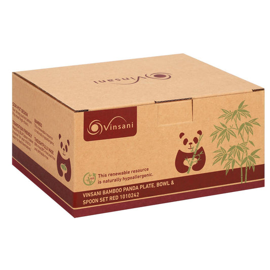 Bamboo Panda Plate Bowl & Spoon Set Suction Stay-Put Design (Red)