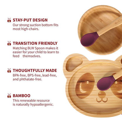 Bamboo Panda Plate Bowl & Spoon Set Suction Stay-Put Design (Red)