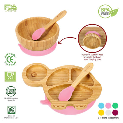 Bamboo Turtle Plate Bowl & Spoon Set Suction Stay-Put Design (Pink)