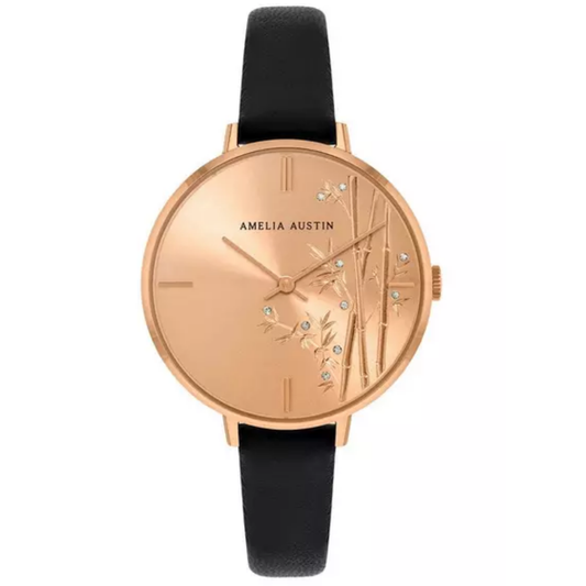 Amelia Austin Womens Bamboo Black Leather Strap Clear Stone Set Etched Dial Watch AA2016