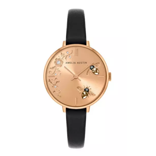 Amelia Austin Womens Bumble Bee Black Leather Strap Clear Stone Set Etched Dial Watch AA2008