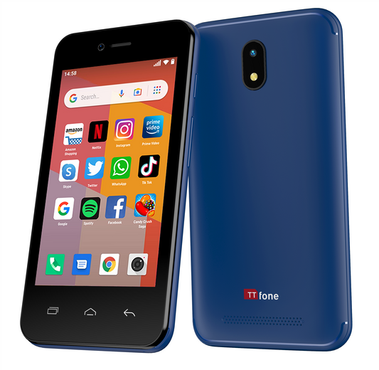 TT20 BLUE Smart 3G Mobile Phone Android GO - 8GB - Dual Sim - 4" Touch Screen Mains Charger & Vodafone Sim Card