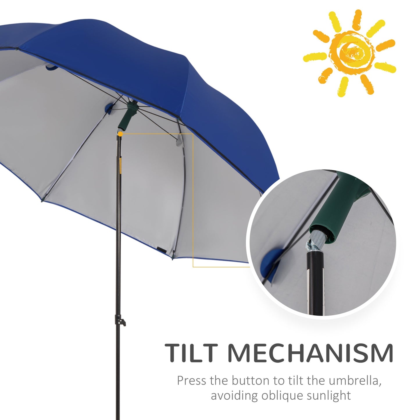 2m Beach Parasol Fishing Umbrella Brolly with Sides Bag, UV30+, Blue
