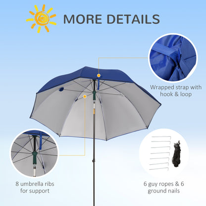 2m Beach Parasol Fishing Umbrella Brolly with Sides Bag, UV30+, Blue