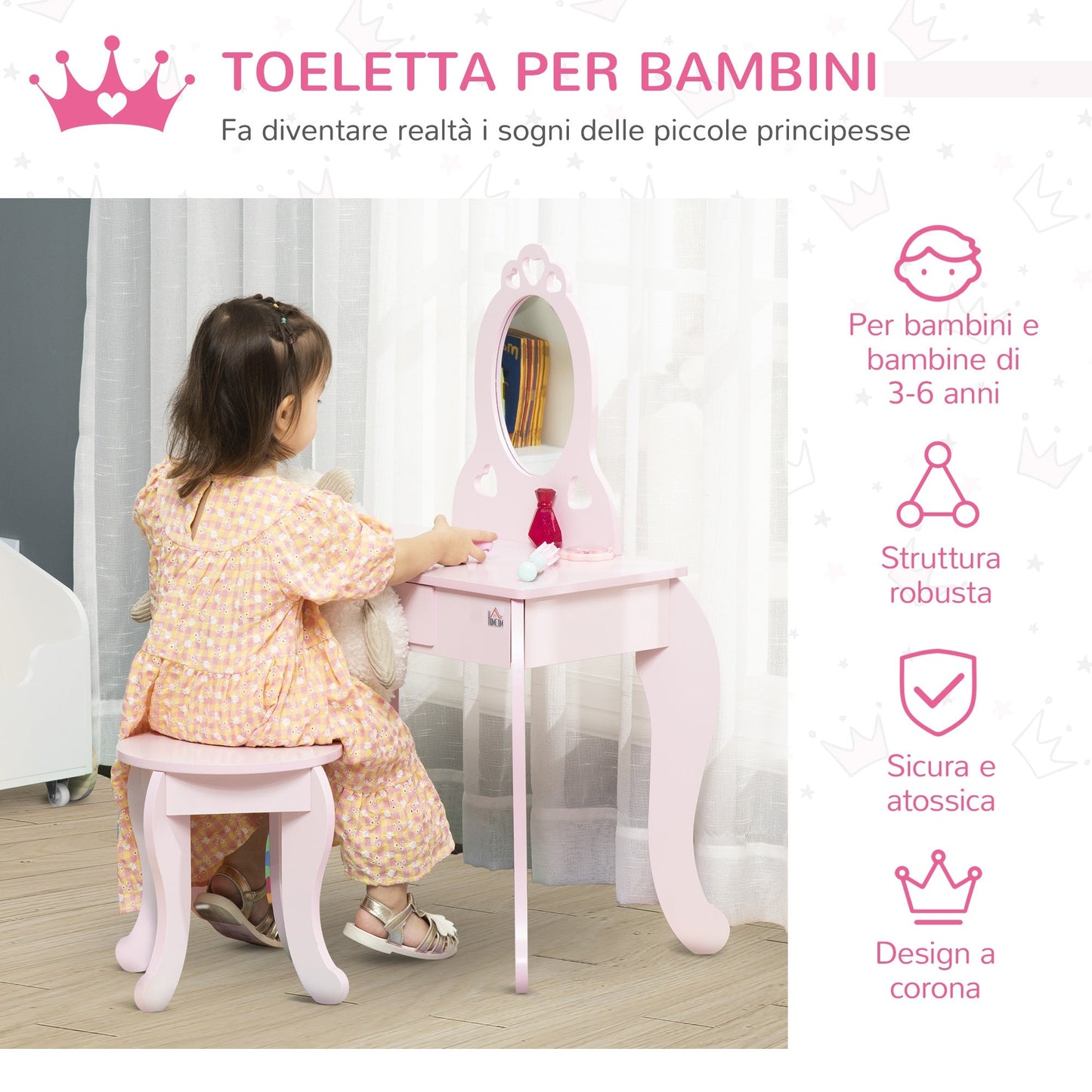 Kids Vanity Table & Stool Girls Dressing Set Make Up Desk with Mirror HOMCOM