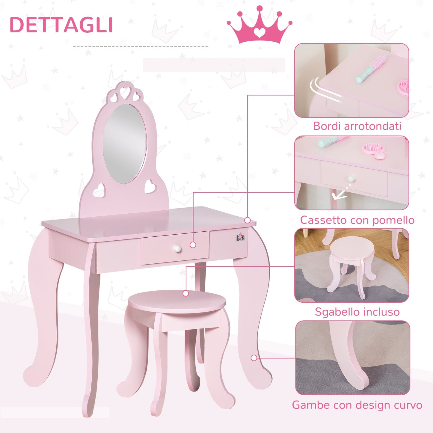 Kids Vanity Table & Stool Girls Dressing Set Make Up Desk with Mirror HOMCOM