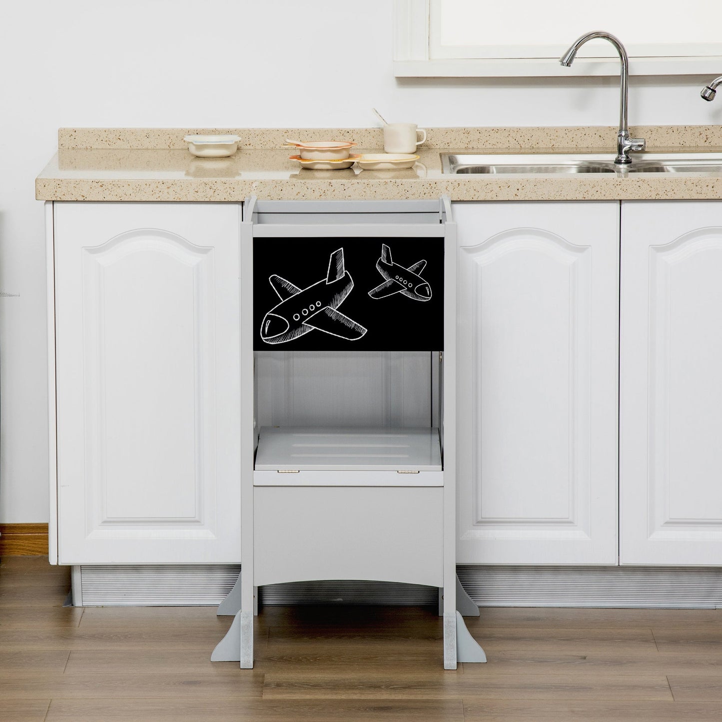 Kids Step Stool Toddler Kitchen Stool with Blackboard Lockable Handrail