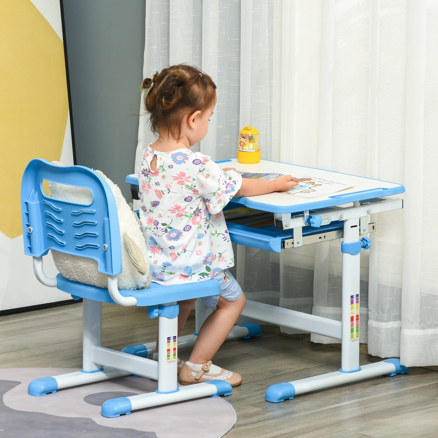 Kids Desk and Chair Set Adjustable Tiltable with Drawer Pen Slot Hook