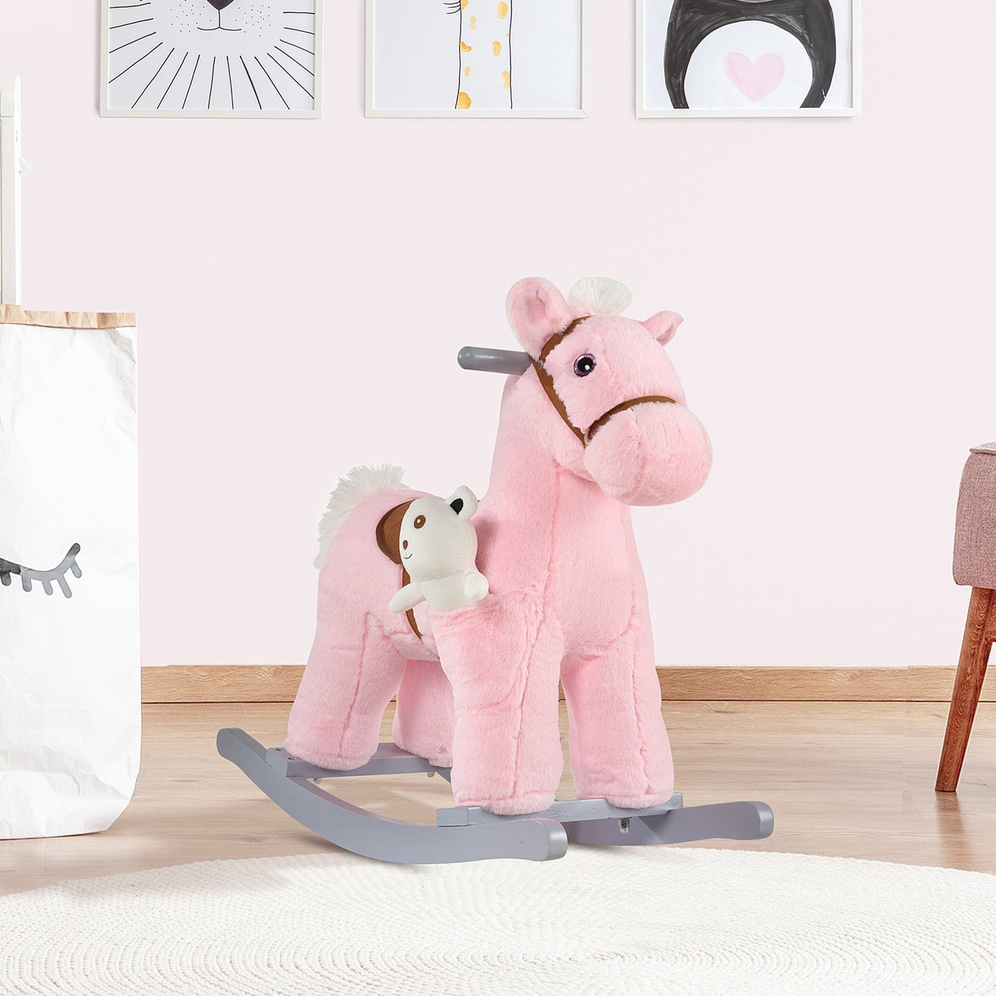 Kids Plush Ride-On Rocking Horse with Plush Toy Sound Handle Grip HOMCOM