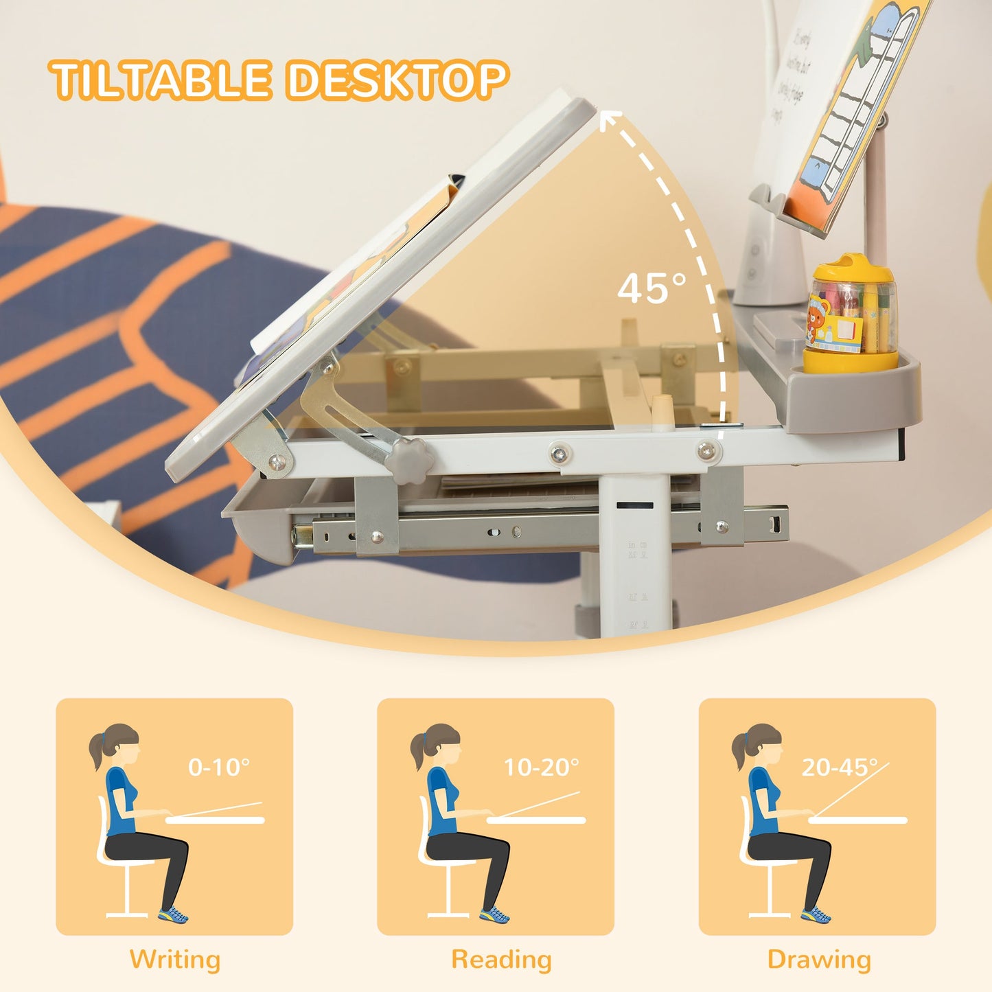 Kids Study Desk and Chair Set w/ USB Lamp, Adjustable Height - Grey