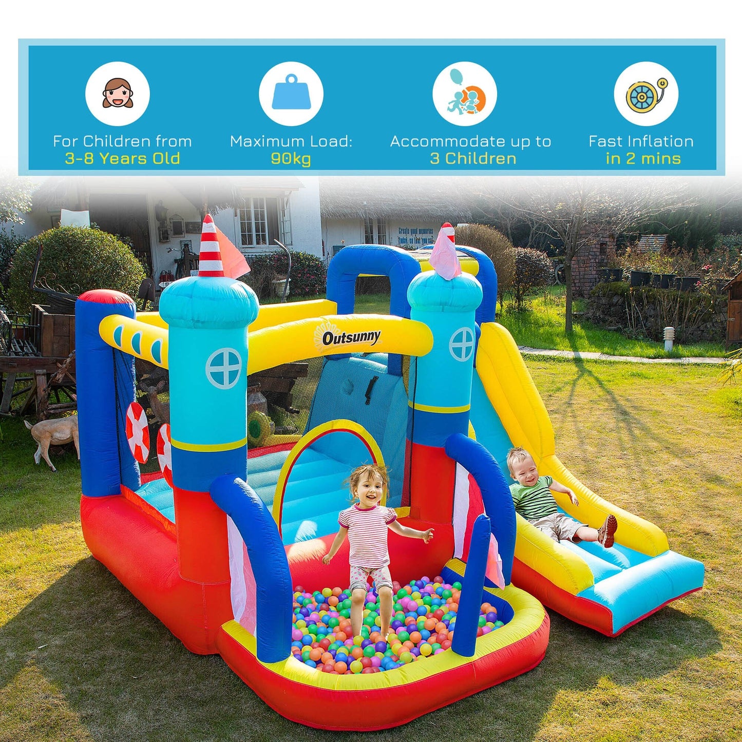 Kids Bouncy Castle with Slide Pool Trampoline Climbing Wall w/ Blower