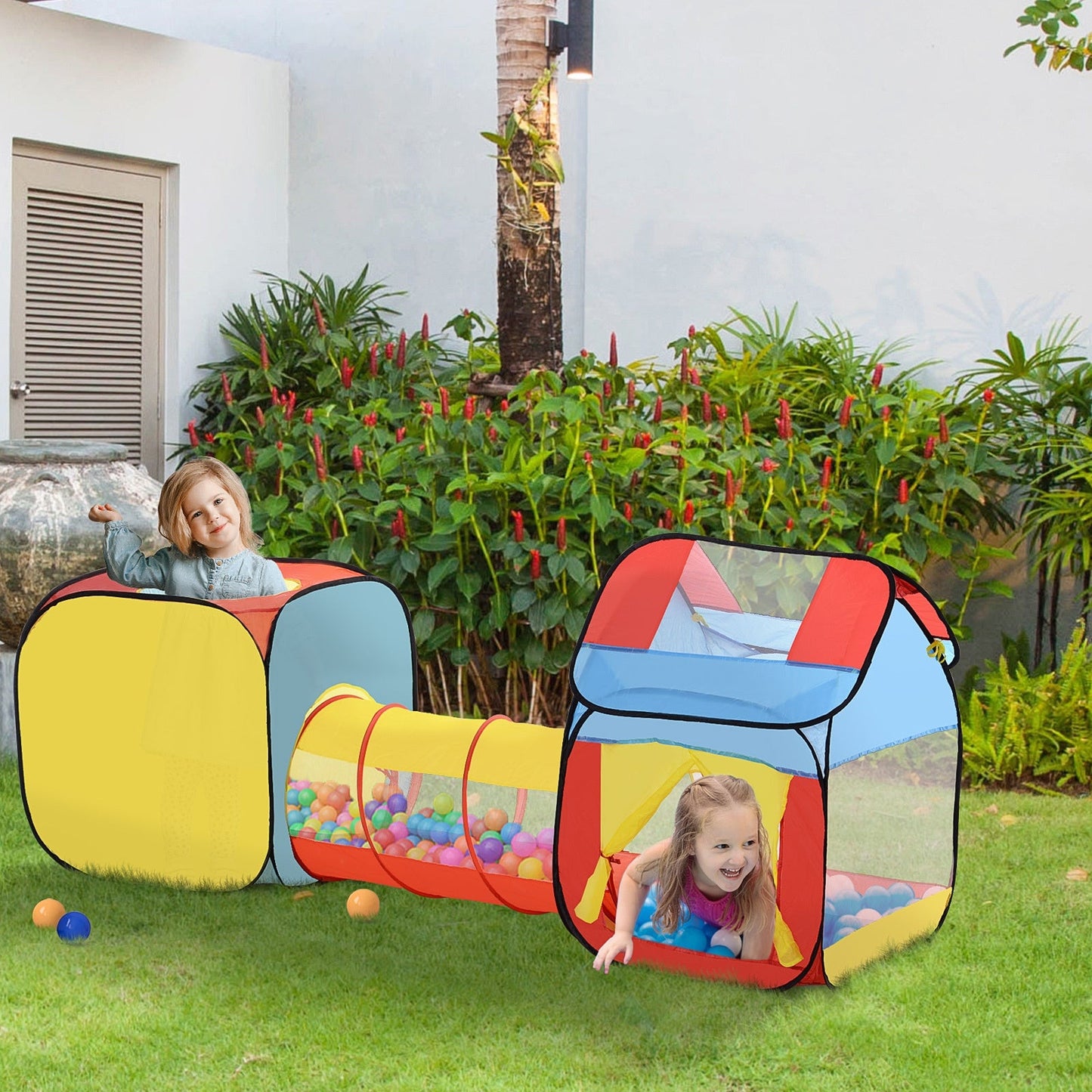 3-in-1 Pop-Up Tent Tunnel Play House w/ Doors Entertainment Folding Set