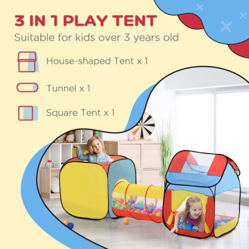3-in-1 Pop-Up Tent Tunnel Play House w/ Doors Entertainment Folding Set
