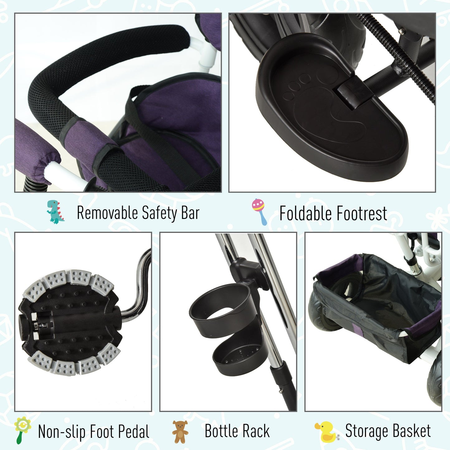 3 in 1 Kids Tricycle Pedal Push Trike with Canopy, Parent Handle Purple HOMCOM