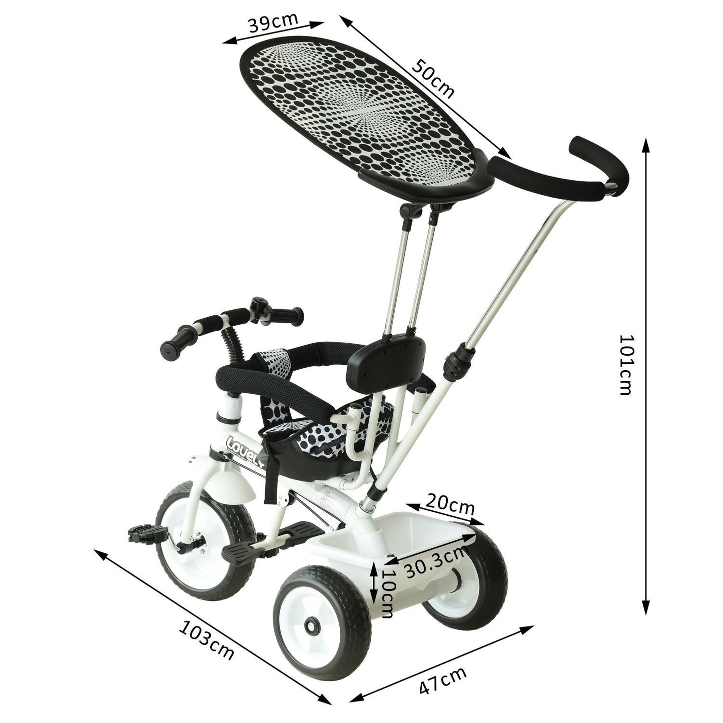 Kids Children Tricycle Ride on 3 Wheels Safe Canopy w/ Handle White HOMCOM