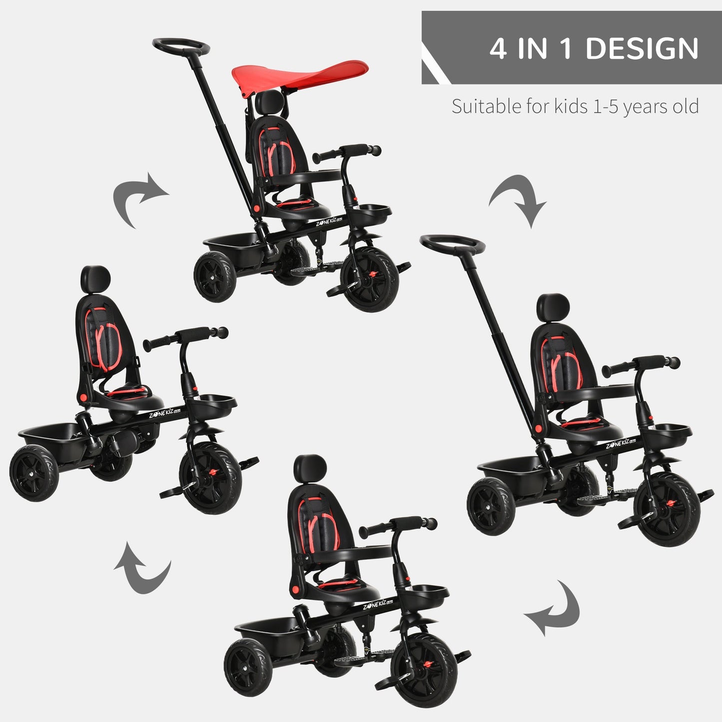 Four-In-One Kids Tricycle w/ Adjustable Canopy Reversible Seat - Red