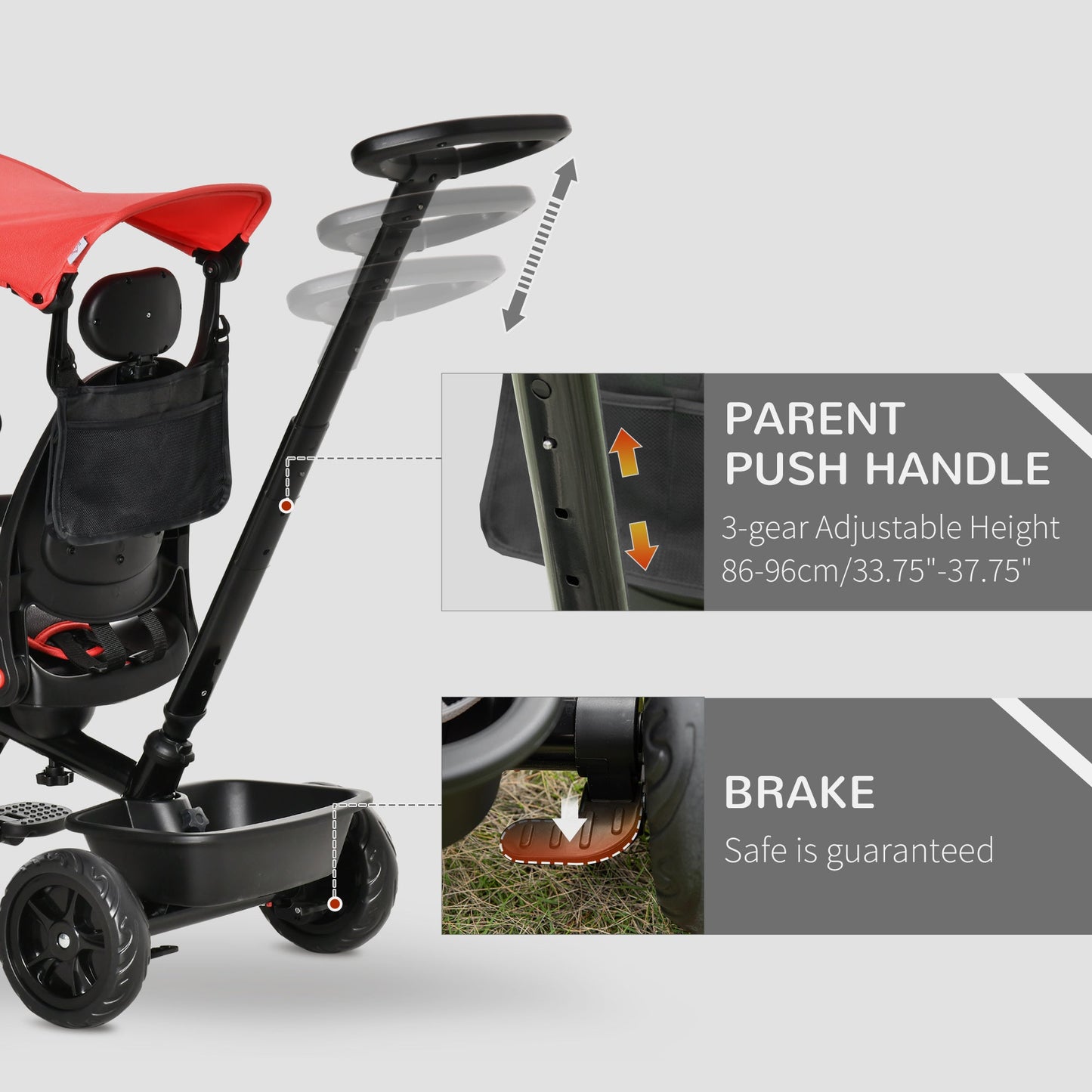 Four-In-One Kids Tricycle w/ Adjustable Canopy Reversible Seat - Red