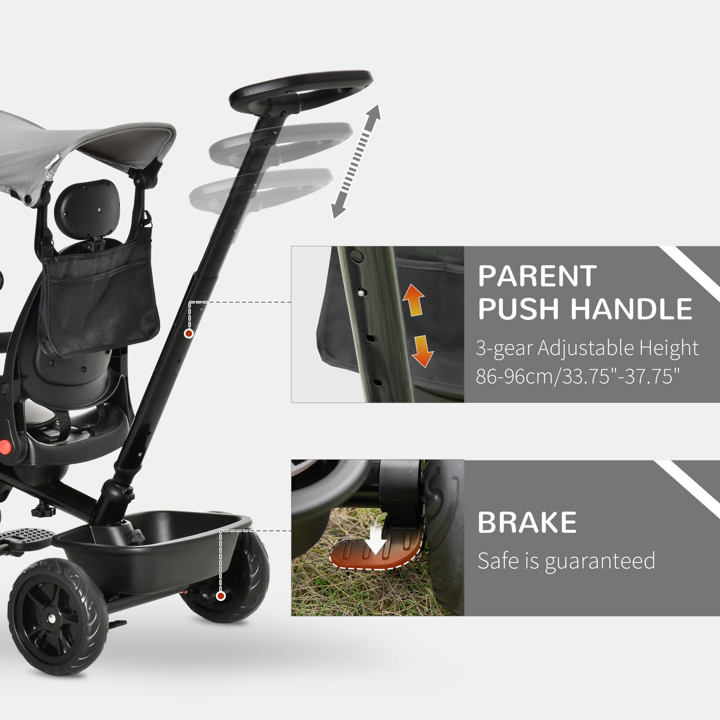 Four-In-One Kids Tricycle w/ Adjustable Canopy Reversible Seat - Grey