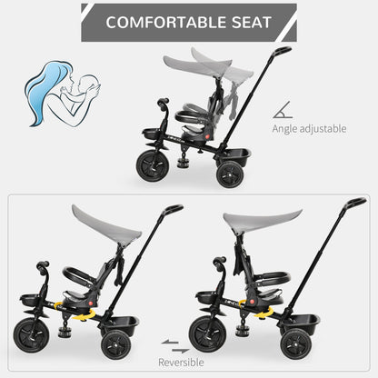 Four-In-One Kids Tricycle w/ Adjustable Canopy Reversible Seat - Grey