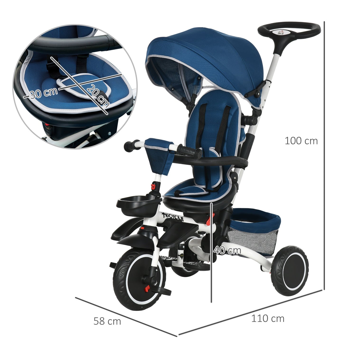 Multifunctional Baby Trike with Rotatable Seat, Push Handle - Blue