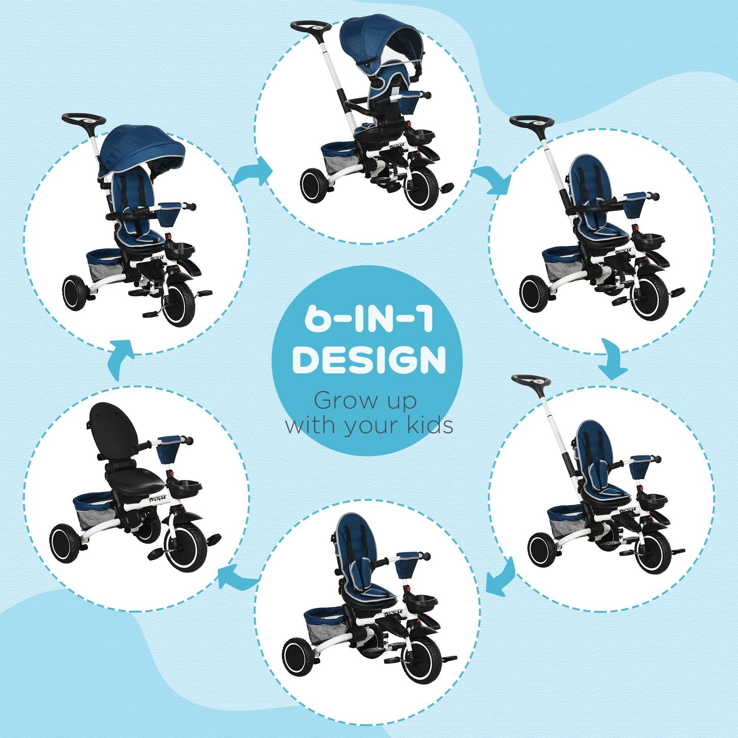 Multifunctional Baby Trike with Rotatable Seat, Push Handle - Blue