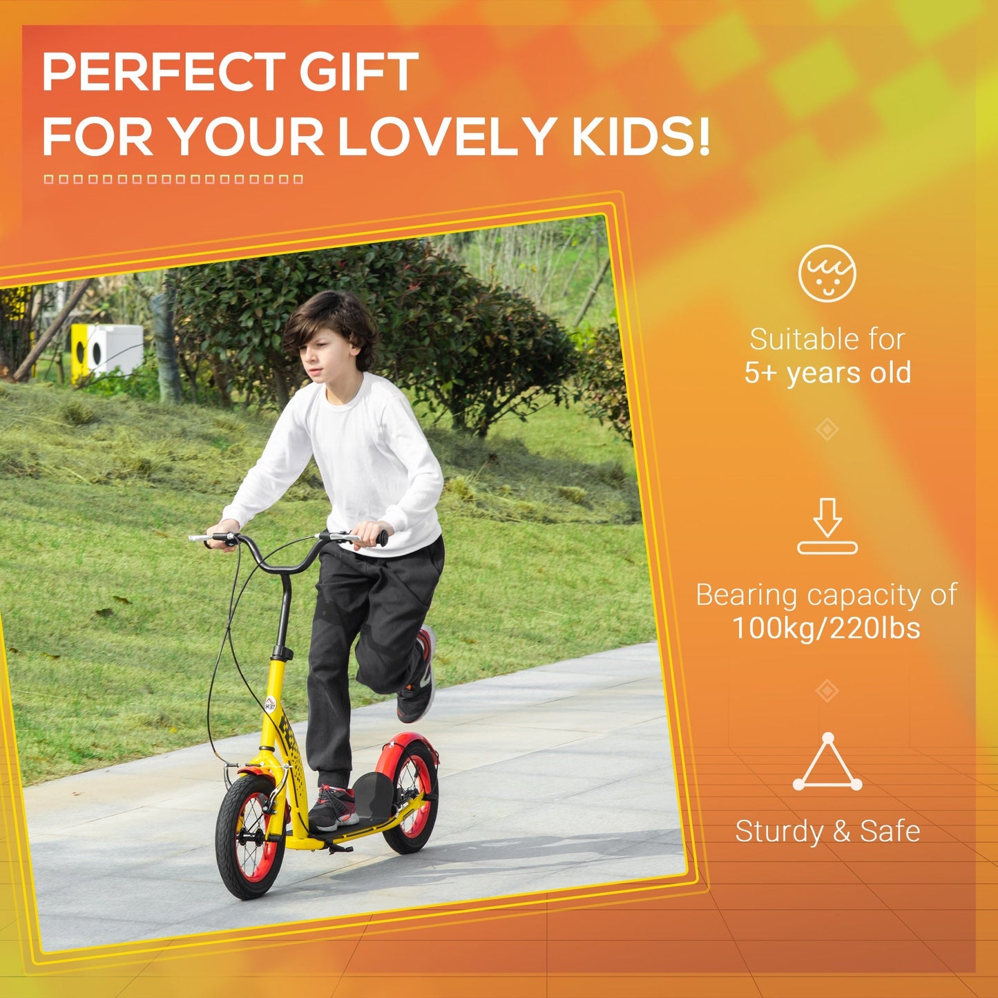 Kids Kick Scooter Adjustable Height Dual Brakes 12" Inflatable Wheels