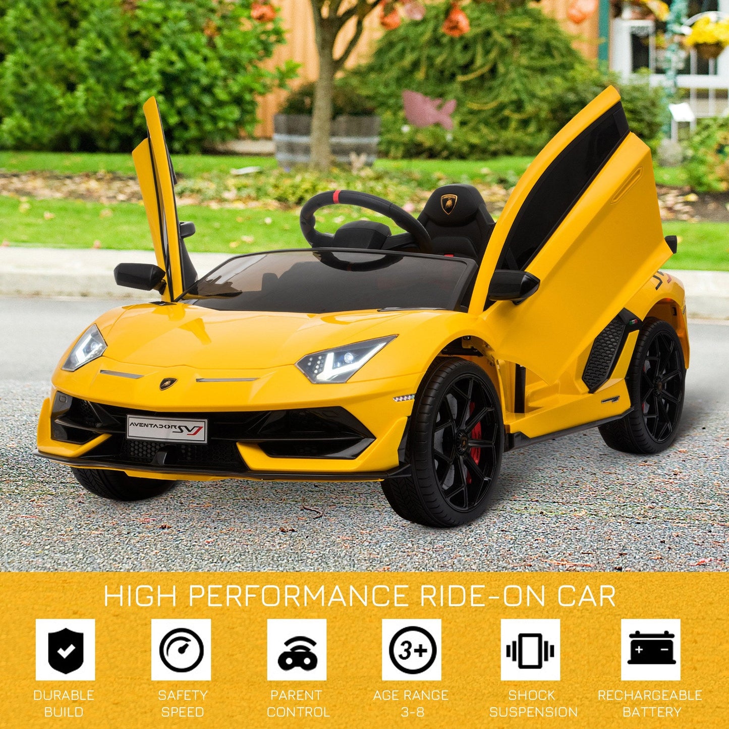 Lamborghini SVJ 12V Ride-On Car w/ Lights Music Remote 3-8 Yrs Yellow HOMCOM