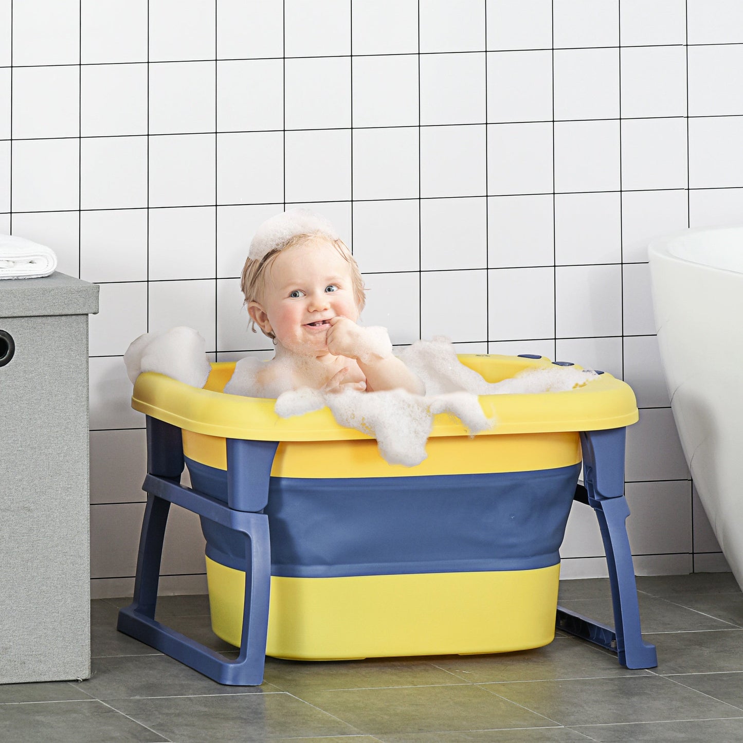Foldable Baby Bathtub for Newborns Infants Toddlers w/ Stool - Yellow